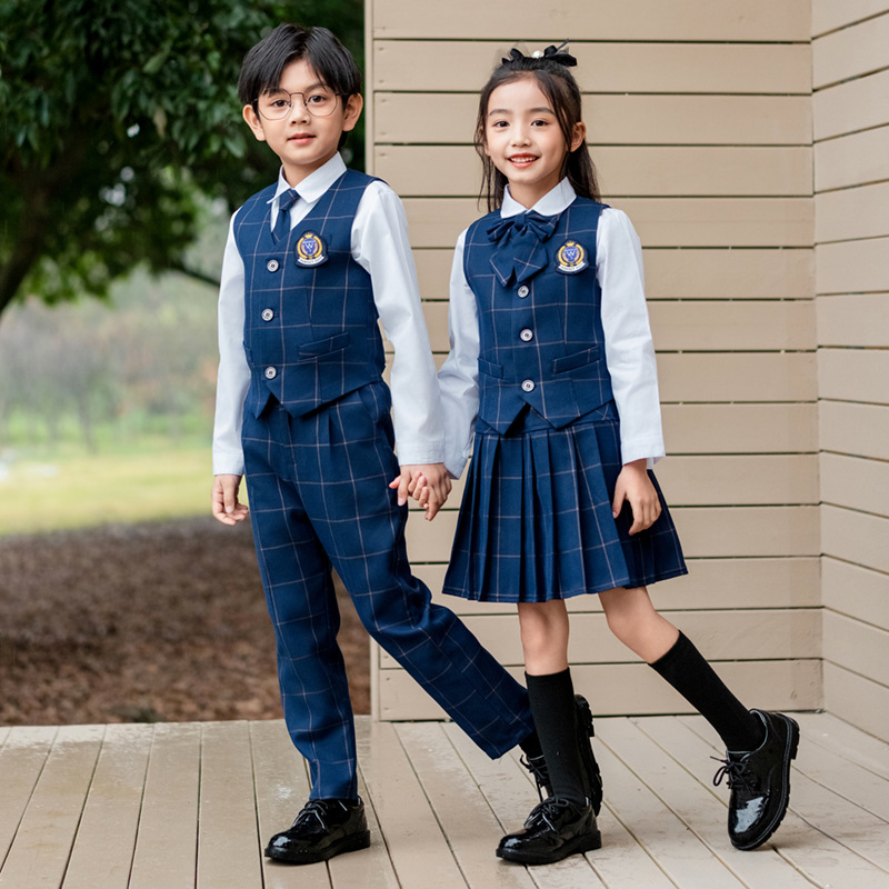 Kids Education School - Çocuklar İngiliz Ekose Yelek Gömlek Takım